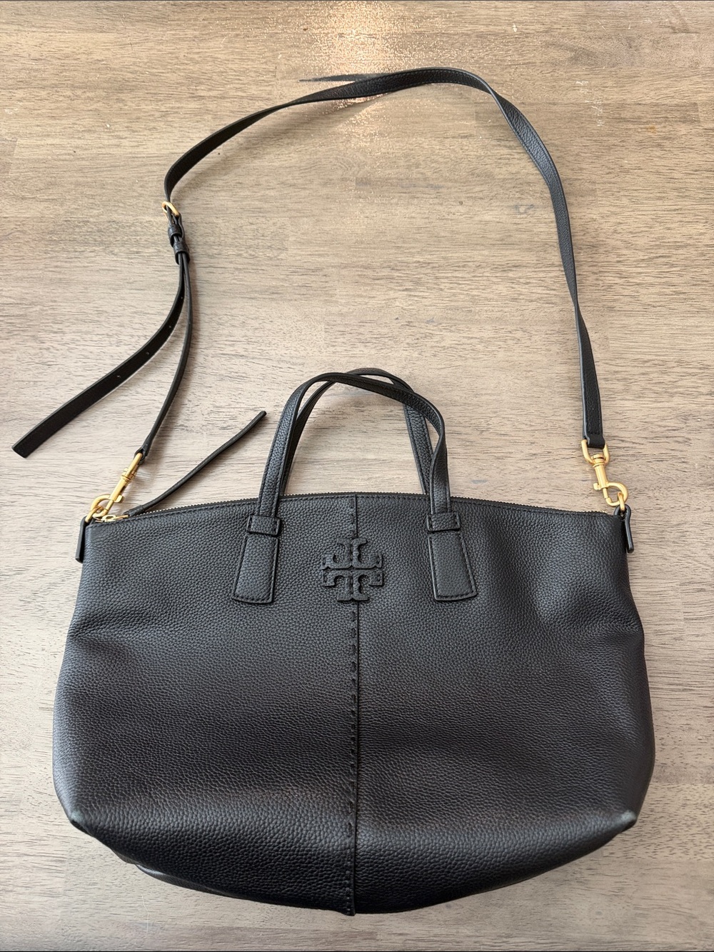 Tory Burch Black Pebbled Leather Shoulder Tote with Gold Hardware
